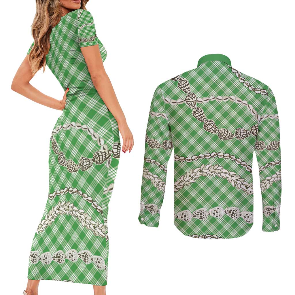 Green Aloha Hawaii Shell Lei Couples Matching Short Sleeve Bodycon Dress and Long Sleeve Button Shirt Palaka Hebrew Cone Honey Cowrie Elegant Curves - Polynesian Pride