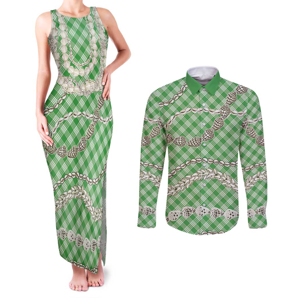 Green Aloha Hawaii Shell Lei Couples Matching Tank Maxi Dress and Long Sleeve Button Shirt Palaka Hebrew Cone Honey Cowrie Elegant Curves - Polynesian Pride