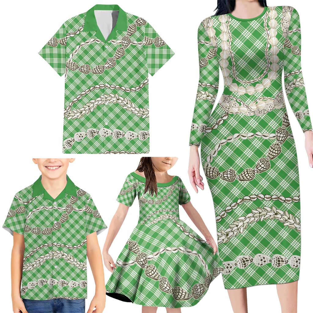 Green Aloha Hawaii Shell Lei Family Matching Long Sleeve Bodycon Dress and Hawaiian Shirt Palaka Hebrew Cone Honey Cowrie Elegant Curves LT14 - Polynesian Pride