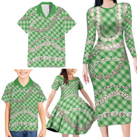 Green Aloha Hawaii Shell Lei Family Matching Long Sleeve Bodycon Dress and Hawaiian Shirt Palaka Hebrew Cone Honey Cowrie Elegant Curves LT14 - Polynesian Pride