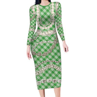 Green Aloha Hawaii Shell Lei Family Matching Long Sleeve Bodycon Dress and Hawaiian Shirt Palaka Hebrew Cone Honey Cowrie Elegant Curves LT14 Mom's Dress Green - Polynesian Pride