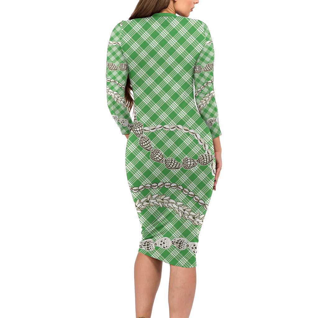 Green Aloha Hawaii Shell Lei Family Matching Long Sleeve Bodycon Dress and Hawaiian Shirt Palaka Hebrew Cone Honey Cowrie Elegant Curves LT14 - Polynesian Pride