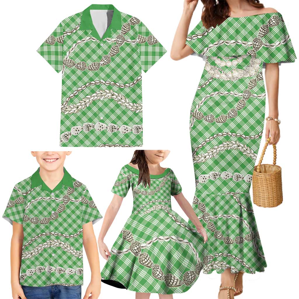 Green Aloha Hawaii Shell Lei Family Matching Mermaid Dress and Hawaiian Shirt Palaka Hebrew Cone Honey Cowrie Elegant Curves - Polynesian Pride