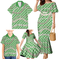 Green Aloha Hawaii Shell Lei Family Matching Mermaid Dress and Hawaiian Shirt Palaka Hebrew Cone Honey Cowrie Elegant Curves LT14 - Polynesian Pride