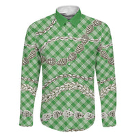 Green Aloha Hawaii Shell Lei Family Matching Mermaid Dress and Hawaiian Shirt Palaka Hebrew Cone Honey Cowrie Elegant Curves LT14 Dad's Shirt - Long Sleeve Green - Polynesian Pride