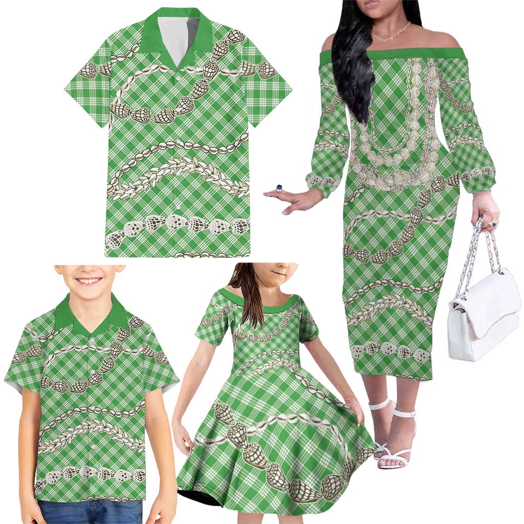 Green Aloha Hawaii Shell Lei Family Matching Off The Shoulder Long Sleeve Dress and Hawaiian Shirt Palaka Hebrew Cone Honey Cowrie Elegant Curves LT14 - Polynesian Pride