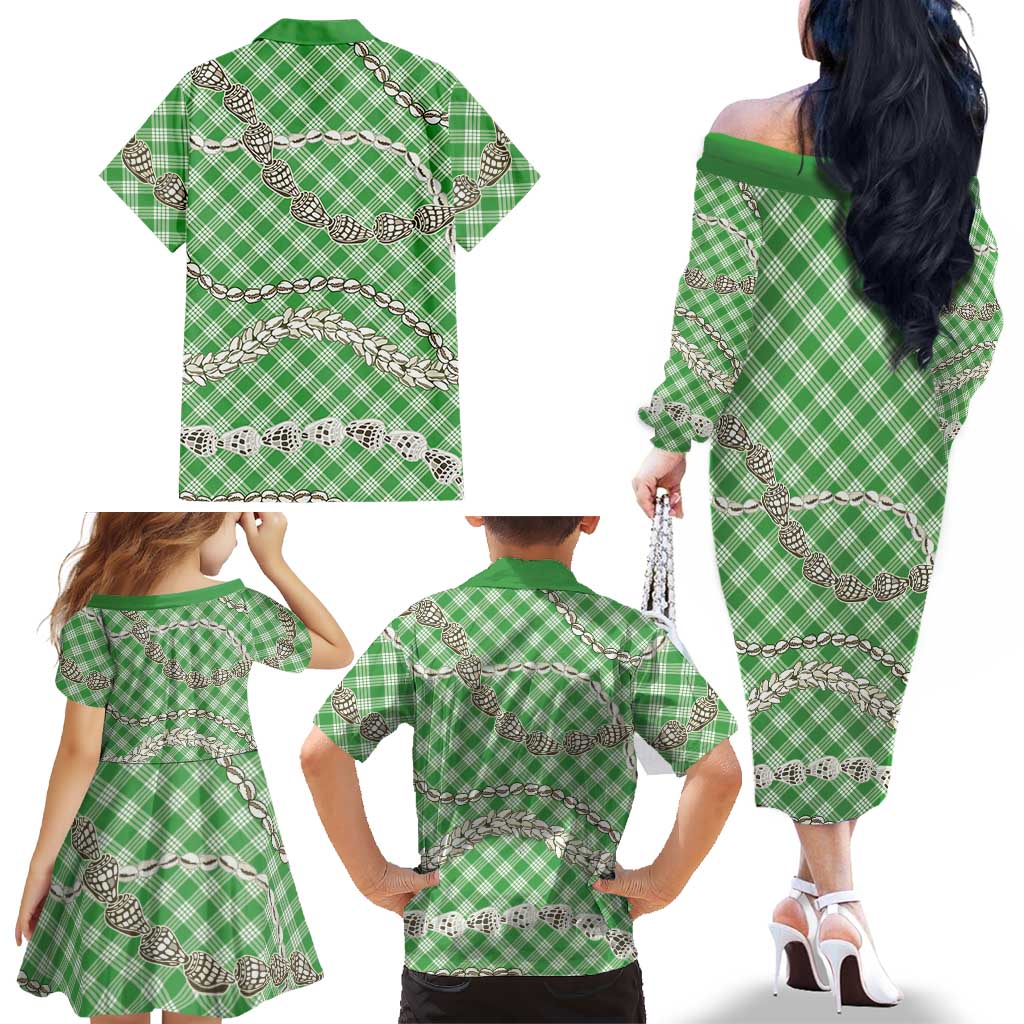 Green Aloha Hawaii Shell Lei Family Matching Off The Shoulder Long Sleeve Dress and Hawaiian Shirt Palaka Hebrew Cone Honey Cowrie Elegant Curves LT14 - Polynesian Pride