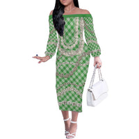 Green Aloha Hawaii Shell Lei Family Matching Off The Shoulder Long Sleeve Dress and Hawaiian Shirt Palaka Hebrew Cone Honey Cowrie Elegant Curves LT14 Mom's Dress Green - Polynesian Pride