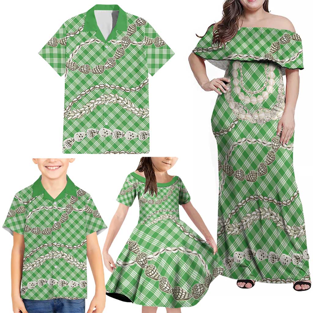 Green Aloha Hawaii Shell Lei Family Matching Off Shoulder Maxi Dress and Hawaiian Shirt Palaka Hebrew Cone Honey Cowrie Elegant Curves LT14 - Polynesian Pride