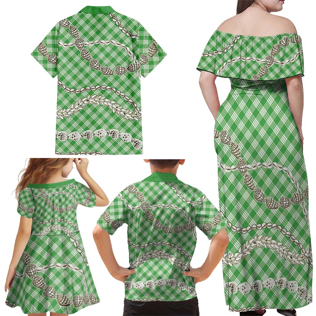 Green Aloha Hawaii Shell Lei Family Matching Off Shoulder Maxi Dress and Hawaiian Shirt Palaka Hebrew Cone Honey Cowrie Elegant Curves LT14 - Polynesian Pride