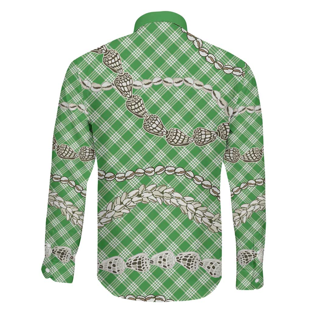 Green Aloha Hawaii Shell Lei Family Matching Off Shoulder Maxi Dress and Hawaiian Shirt Palaka Hebrew Cone Honey Cowrie Elegant Curves LT14 - Polynesian Pride