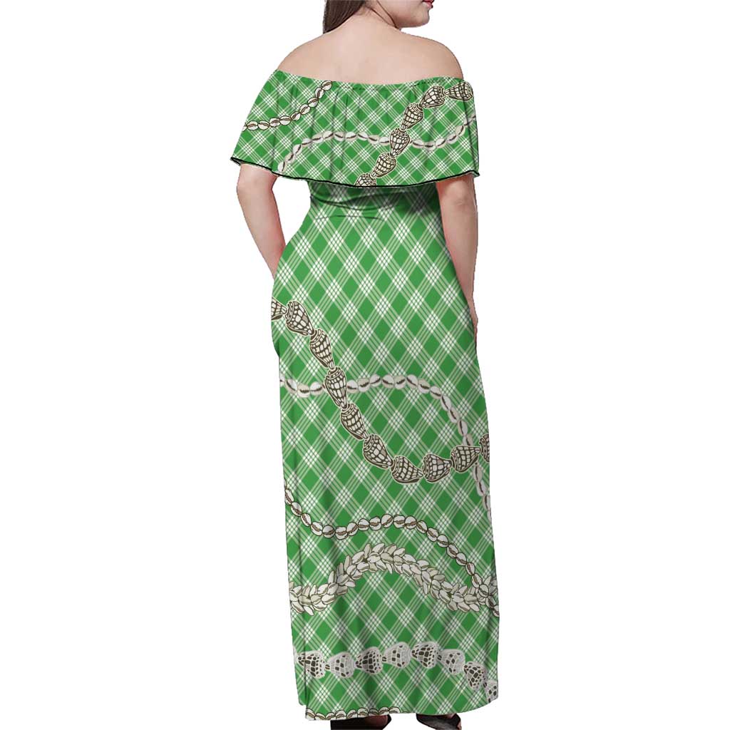 Green Aloha Hawaii Shell Lei Family Matching Off Shoulder Maxi Dress and Hawaiian Shirt Palaka Hebrew Cone Honey Cowrie Elegant Curves LT14 - Polynesian Pride
