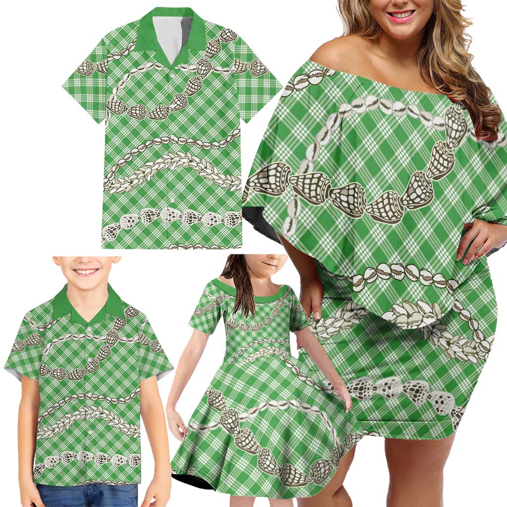 Green Aloha Hawaii Shell Lei Family Matching Off Shoulder Short Dress and Hawaiian Shirt Palaka Hebrew Cone Honey Cowrie Elegant Curves LT14 - Polynesian Pride
