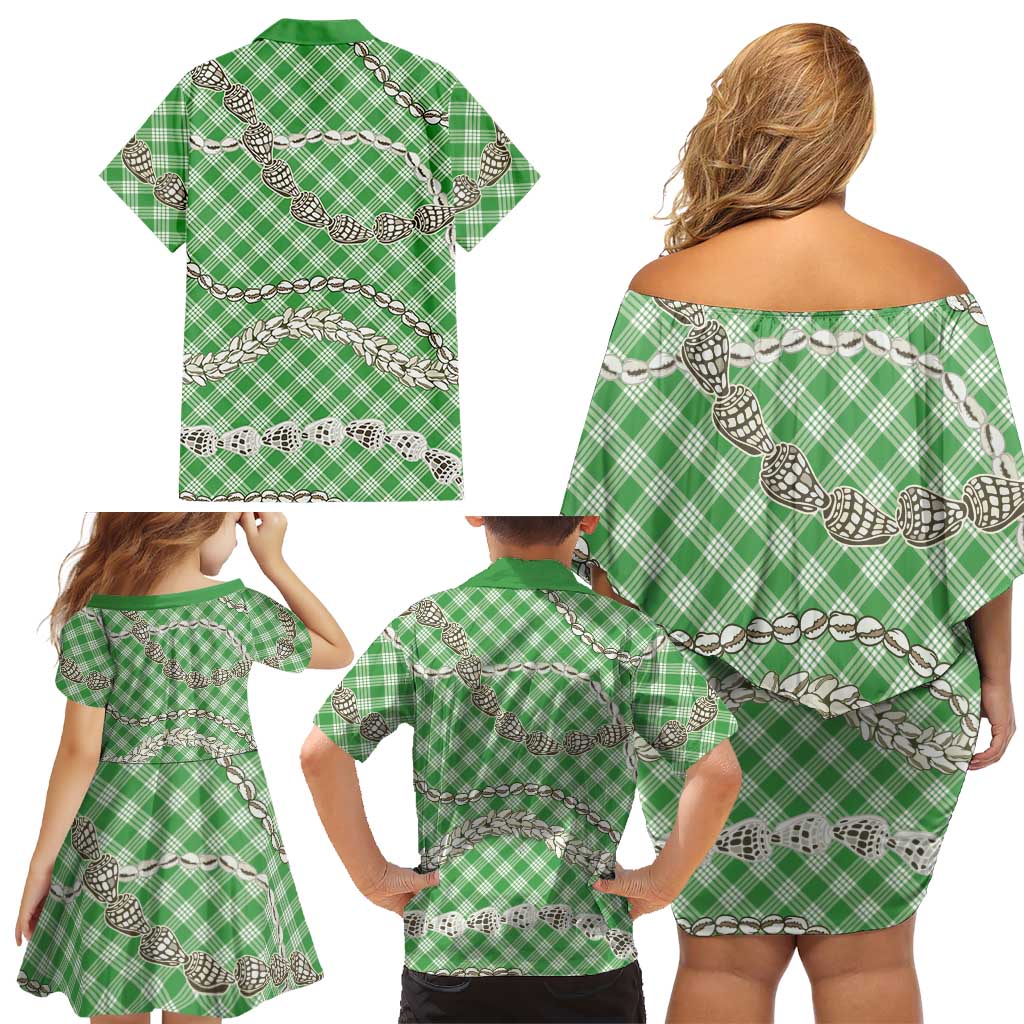 Green Aloha Hawaii Shell Lei Family Matching Off Shoulder Short Dress and Hawaiian Shirt Palaka Hebrew Cone Honey Cowrie Elegant Curves LT14 - Polynesian Pride