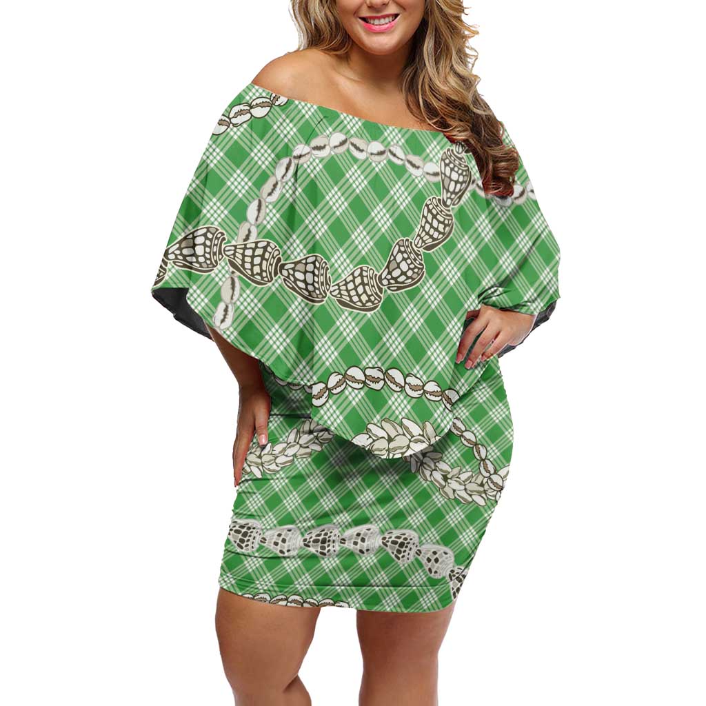 Green Aloha Hawaii Shell Lei Family Matching Off Shoulder Short Dress and Hawaiian Shirt Palaka Hebrew Cone Honey Cowrie Elegant Curves LT14 Mom's Dress Green - Polynesian Pride