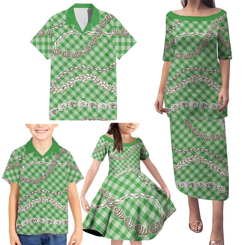Green Aloha Hawaii Shell Lei Family Matching Puletasi and Hawaiian Shirt Palaka Hebrew Cone Honey Cowrie Elegant Curves LT14 - Polynesian Pride
