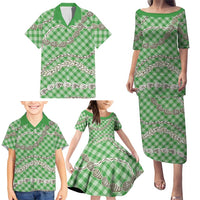 Green Aloha Hawaii Shell Lei Family Matching Puletasi and Hawaiian Shirt Palaka Hebrew Cone Honey Cowrie Elegant Curves LT14 - Polynesian Pride
