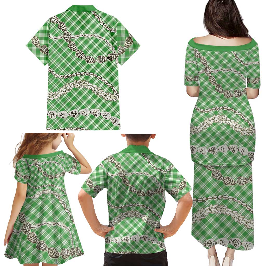 Green Aloha Hawaii Shell Lei Family Matching Puletasi and Hawaiian Shirt Palaka Hebrew Cone Honey Cowrie Elegant Curves LT14 - Polynesian Pride