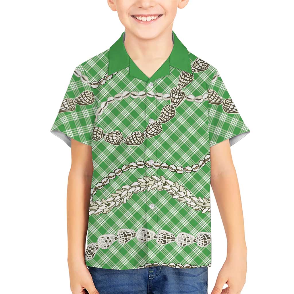Green Aloha Hawaii Shell Lei Family Matching Puletasi and Hawaiian Shirt Palaka Hebrew Cone Honey Cowrie Elegant Curves LT14 Son's Shirt Green - Polynesian Pride