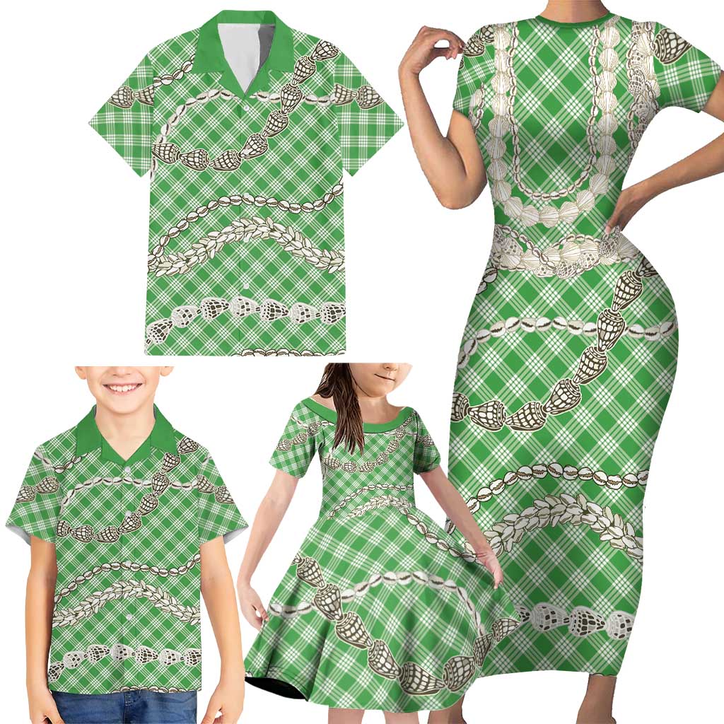 Green Aloha Hawaii Shell Lei Family Matching Short Sleeve Bodycon Dress and Hawaiian Shirt Palaka Hebrew Cone Honey Cowrie Elegant Curves - Polynesian Pride