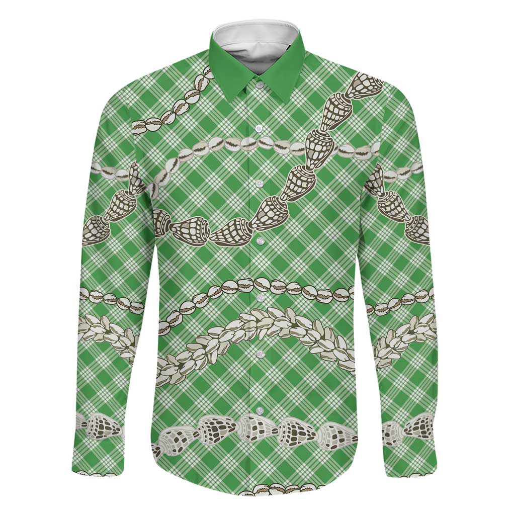 Green Aloha Hawaii Shell Lei Family Matching Short Sleeve Bodycon Dress and Hawaiian Shirt Palaka Hebrew Cone Honey Cowrie Elegant Curves LT14 Dad's Shirt - Long Sleeve Green - Polynesian Pride