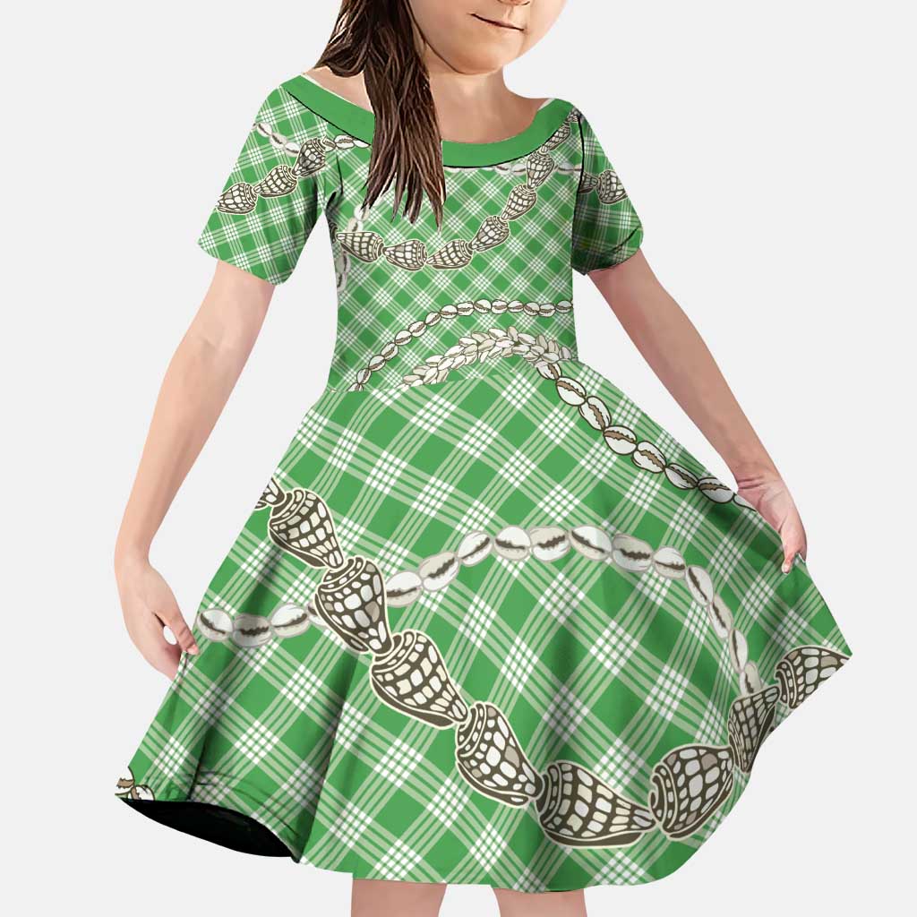 Green Aloha Hawaii Shell Lei Family Matching Summer Maxi Dress and Hawaiian Shirt Palaka Hebrew Cone Honey Cowrie Elegant Curves LT14 Daughter's Dress Green - Polynesian Pride