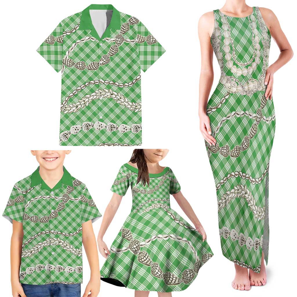 Green Aloha Hawaii Shell Lei Family Matching Tank Maxi Dress and Hawaiian Shirt Palaka Hebrew Cone Honey Cowrie Elegant Curves LT14 - Polynesian Pride