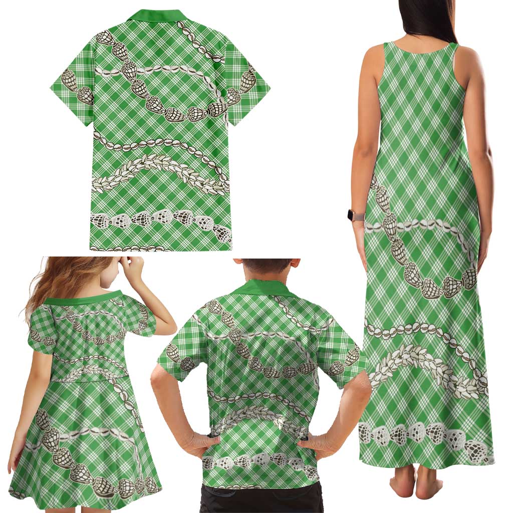 Green Aloha Hawaii Shell Lei Family Matching Tank Maxi Dress and Hawaiian Shirt Palaka Hebrew Cone Honey Cowrie Elegant Curves LT14 - Polynesian Pride