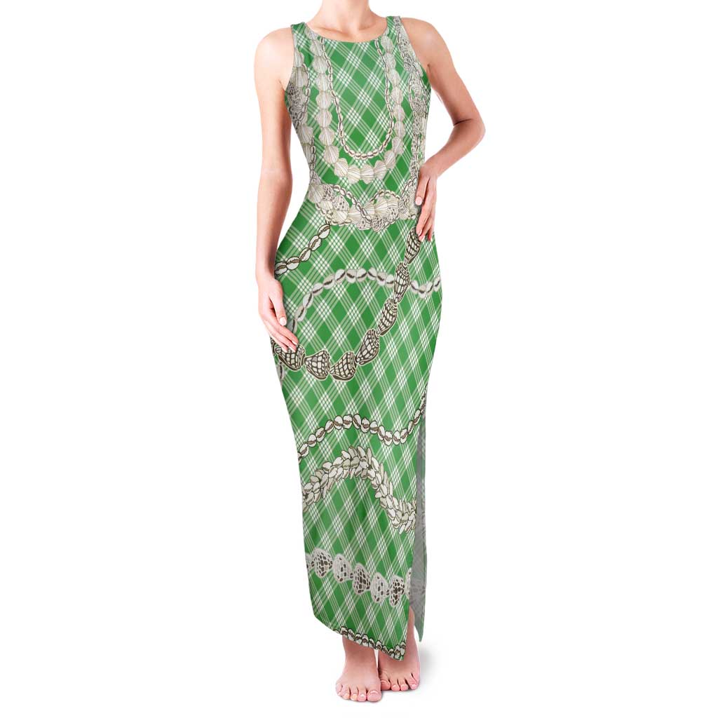 Green Aloha Hawaii Shell Lei Family Matching Tank Maxi Dress and Hawaiian Shirt Palaka Hebrew Cone Honey Cowrie Elegant Curves LT14 Mom's Dress Green - Polynesian Pride