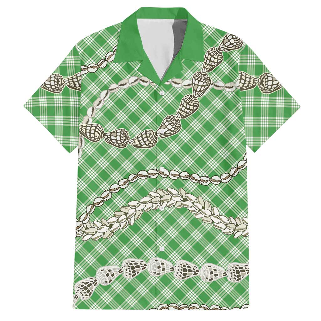 Green Aloha Hawaii Shell Lei Hawaiian Shirt Palaka Hebrew Cone Honey Cowrie Elegant Curves - Polynesian Pride