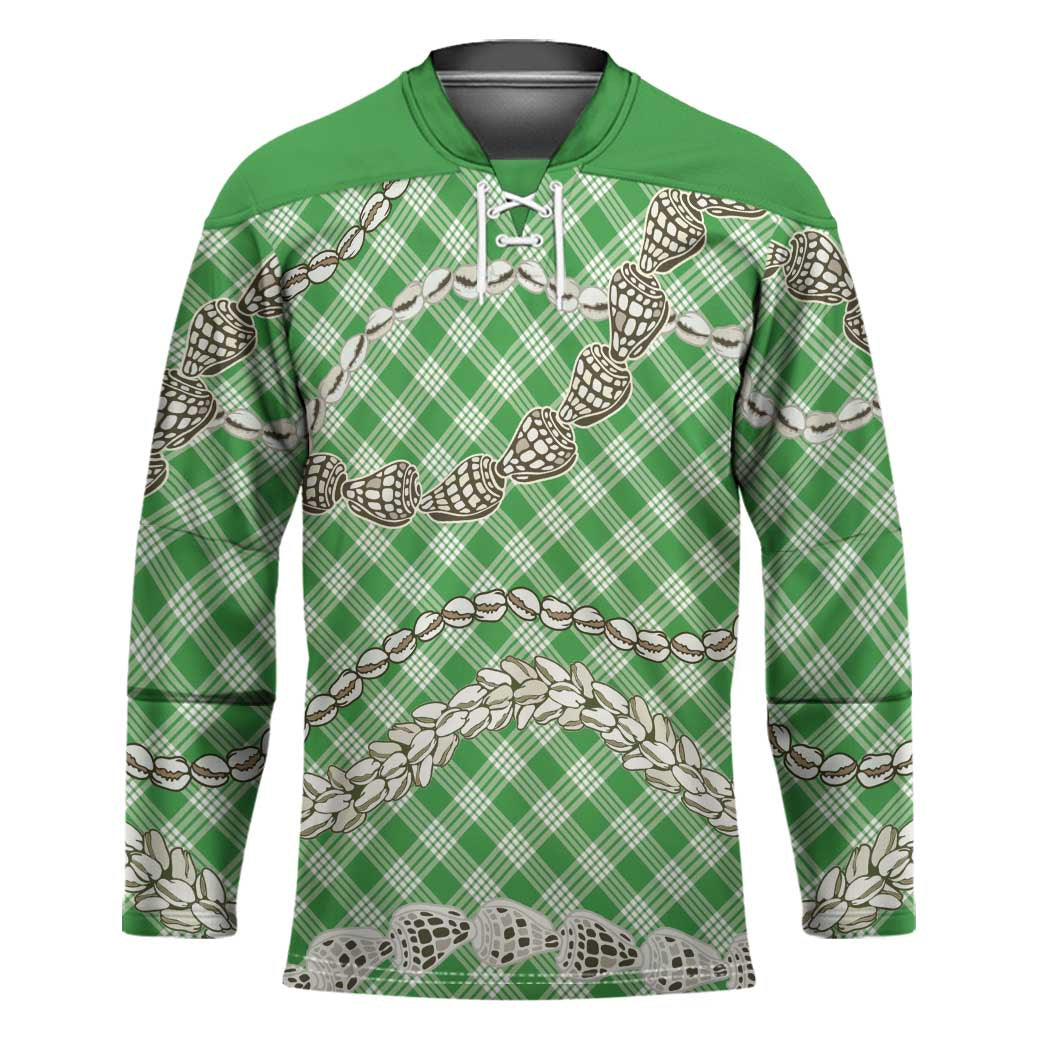 Green Aloha Hawaii Shell Lei Hockey Jersey Palaka Hebrew Cone Honey Cowrie Elegant Curves - Polynesian Pride