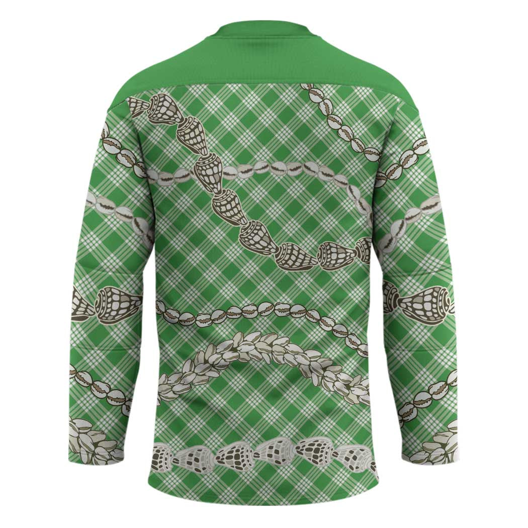 Green Aloha Hawaii Shell Lei Hockey Jersey Palaka Hebrew Cone Honey Cowrie Elegant Curves - Polynesian Pride
