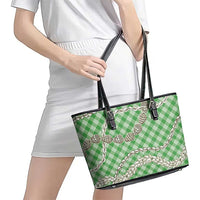 Green Aloha Hawaii Shell Lei Leather Tote Bag Palaka Hebrew Cone Honey Cowrie Elegant Curves - Polynesian Pride