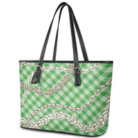 Green Aloha Hawaii Shell Lei Leather Tote Bag Palaka Hebrew Cone Honey Cowrie Elegant Curves - Polynesian Pride