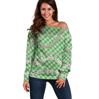 Green Aloha Hawaii Shell Lei Off Shoulder Sweater Palaka Hebrew Cone Honey Cowrie Elegant Curves - Polynesian Pride