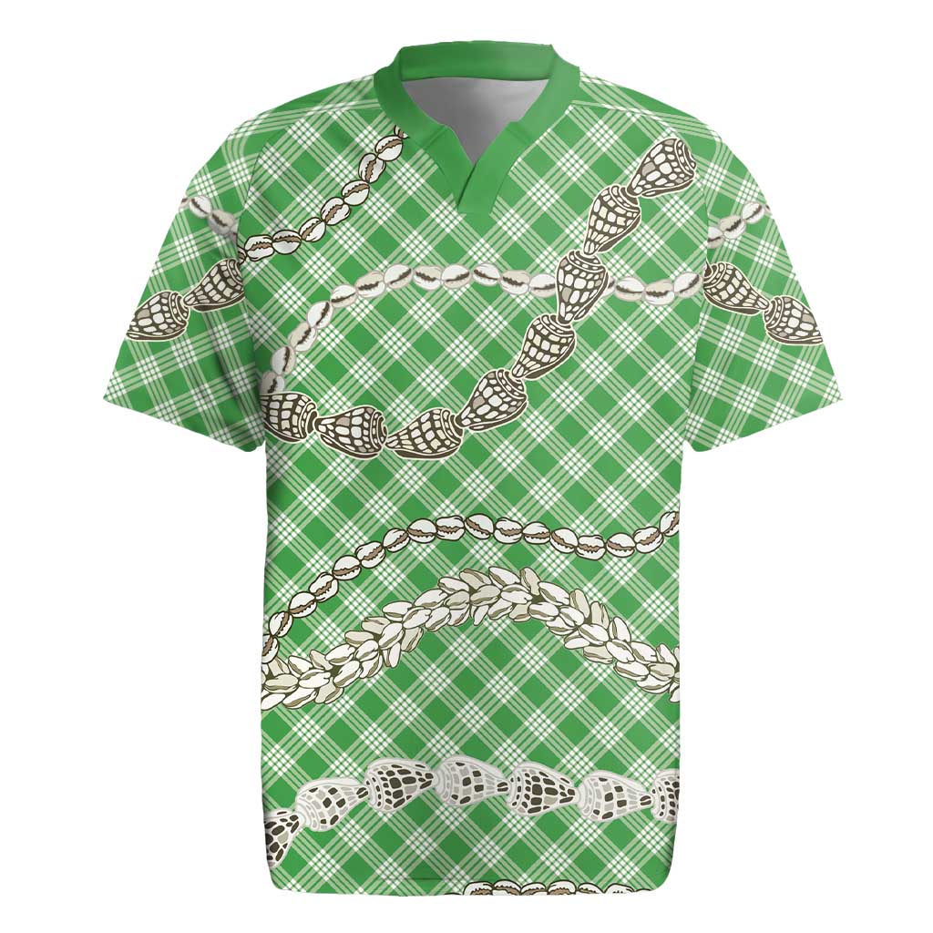 Green Aloha Hawaii Shell Lei Rugby Jersey Palaka Hebrew Cone Honey Cowrie Elegant Curves - Polynesian Pride