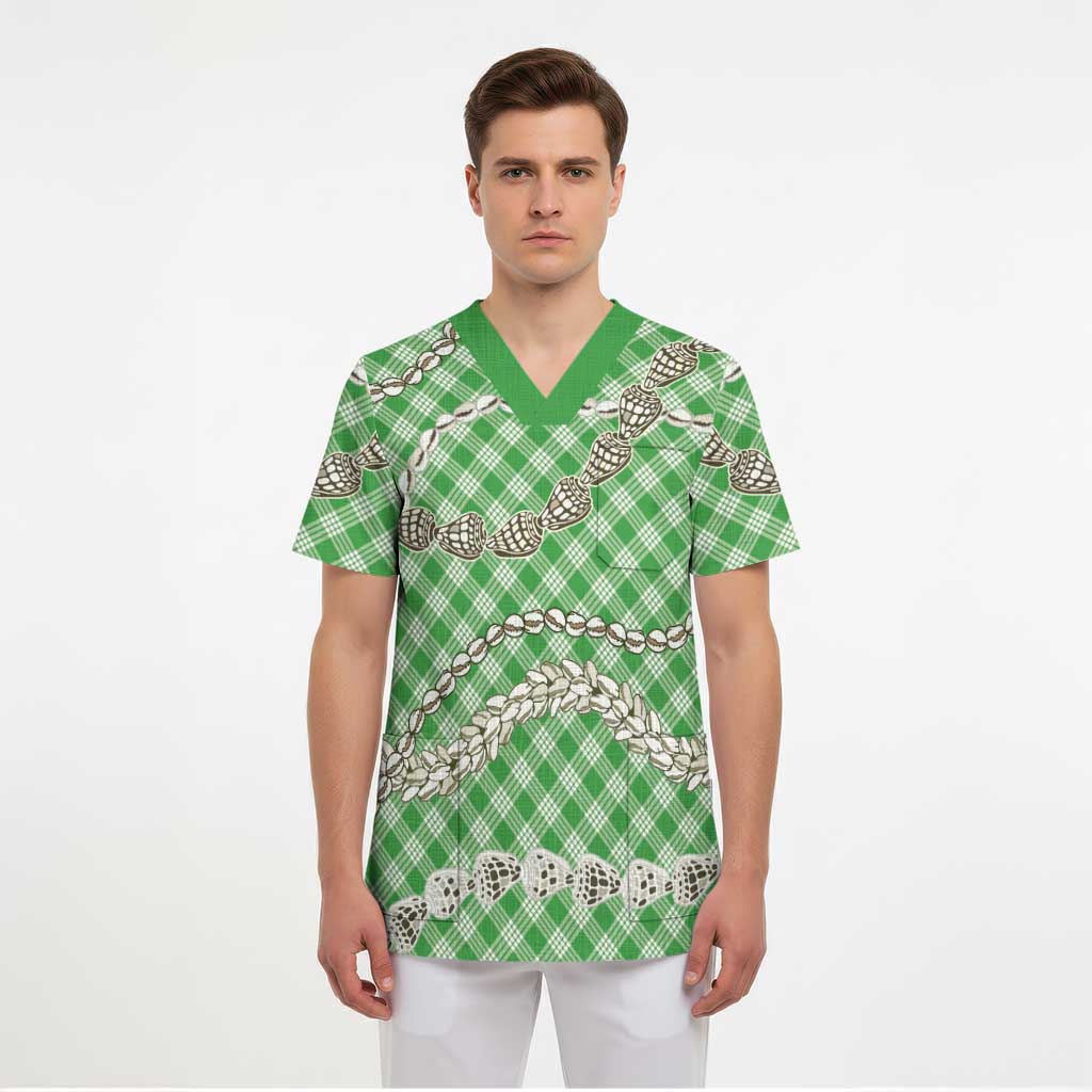 Green Aloha Hawaii Shell Lei Scrub Top Palaka Hebrew Cone Honey Cowrie Elegant Curves - Polynesian Pride