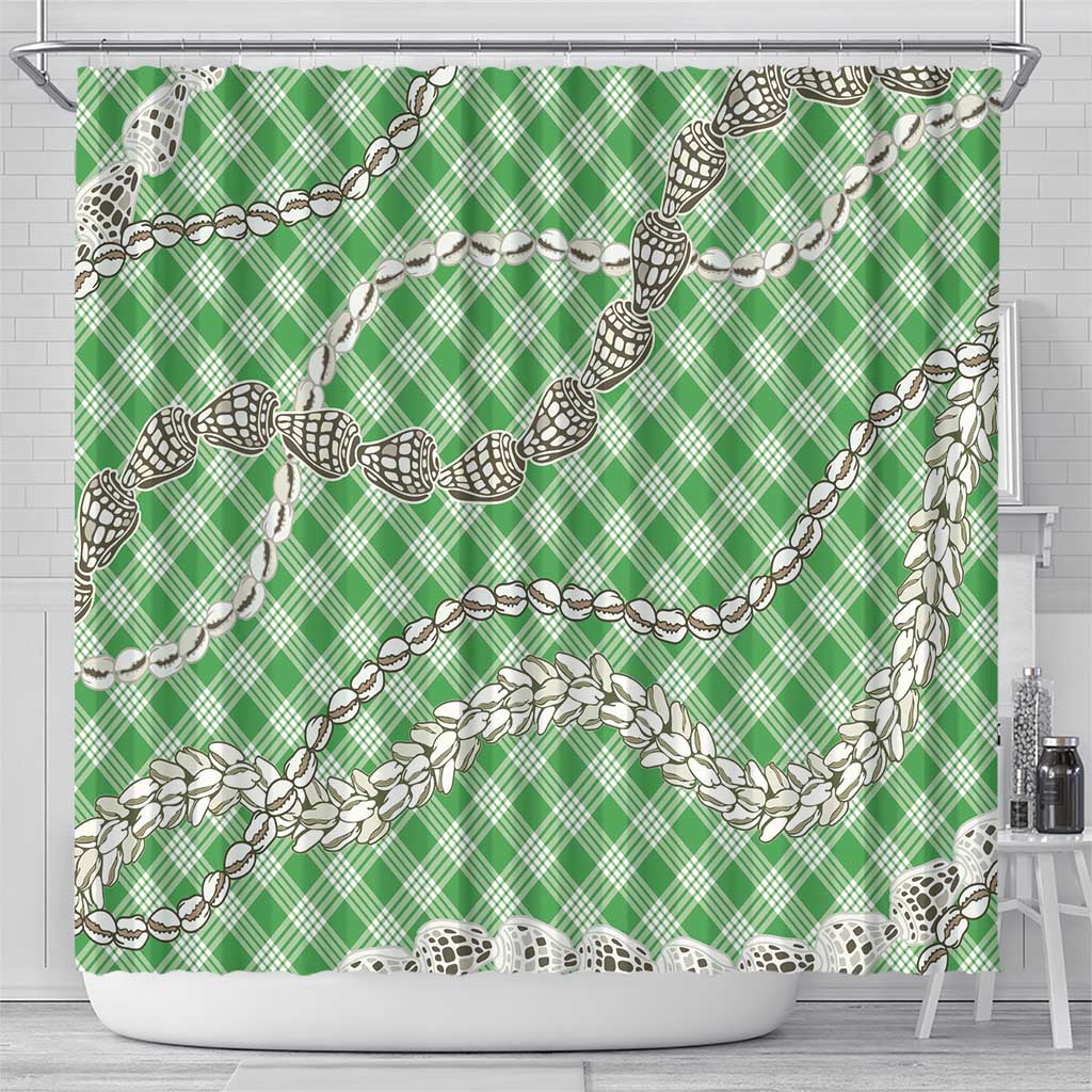Green Aloha Hawaii Shell Lei Shower Curtain Palaka Hebrew Cone Honey Cowrie Elegant Curves - Polynesian Pride