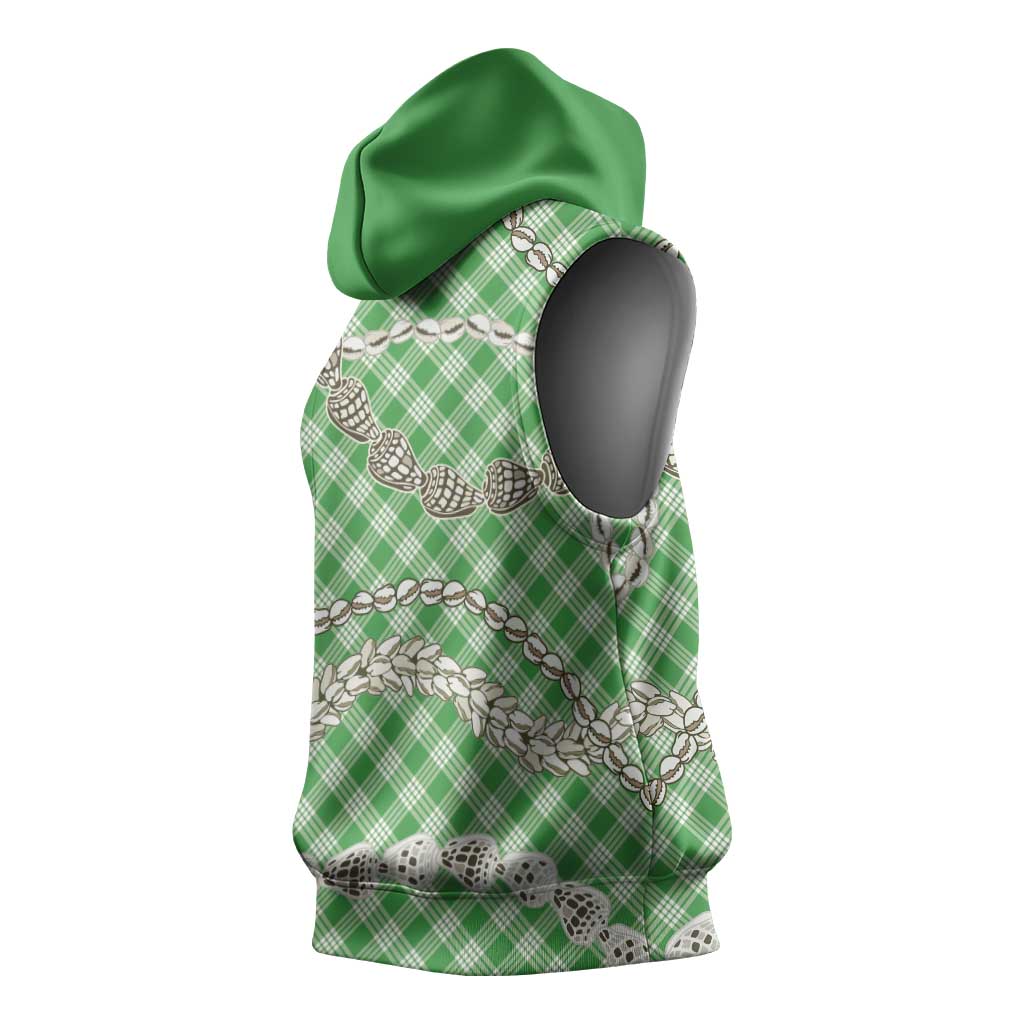 Green Aloha Hawaii Shell Lei Sleeveless Hoodie Palaka Hebrew Cone Honey Cowrie Elegant Curves - Polynesian Pride