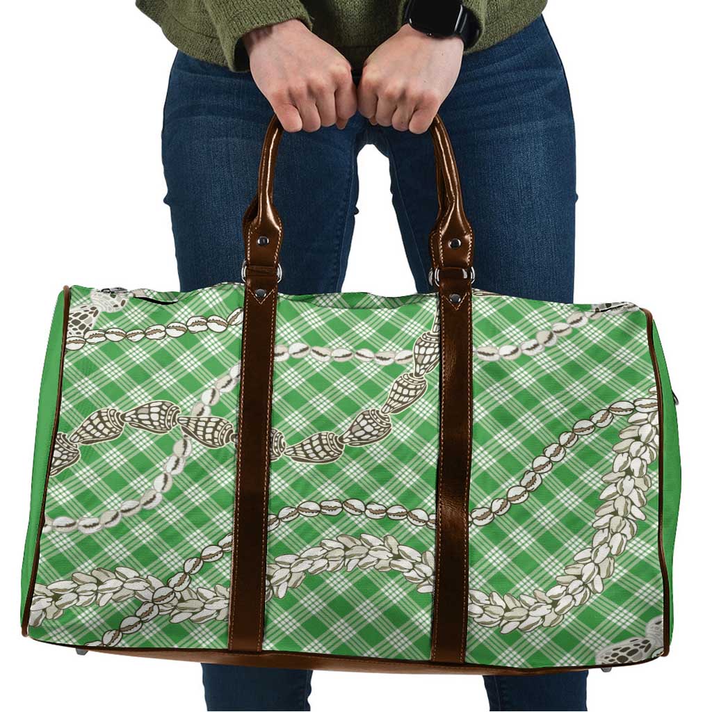 Green Aloha Hawaii Shell Lei Travel Bag Palaka Hebrew Cone Honey Cowrie Elegant Curves - Polynesian Pride