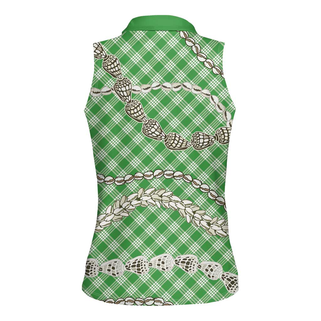 Green Aloha Hawaii Shell Lei Women Sleeveless Polo Shirt Palaka Hebrew Cone Honey Cowrie Elegant Curves - Polynesian Pride