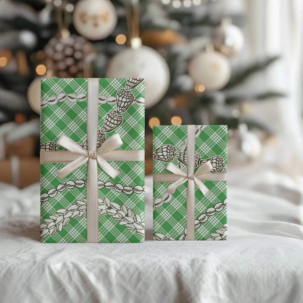 Green Aloha Hawaii Shell Lei Wrapping Paper Palaka Hebrew Cone Honey Cowrie Elegant Curves - Polynesian Pride