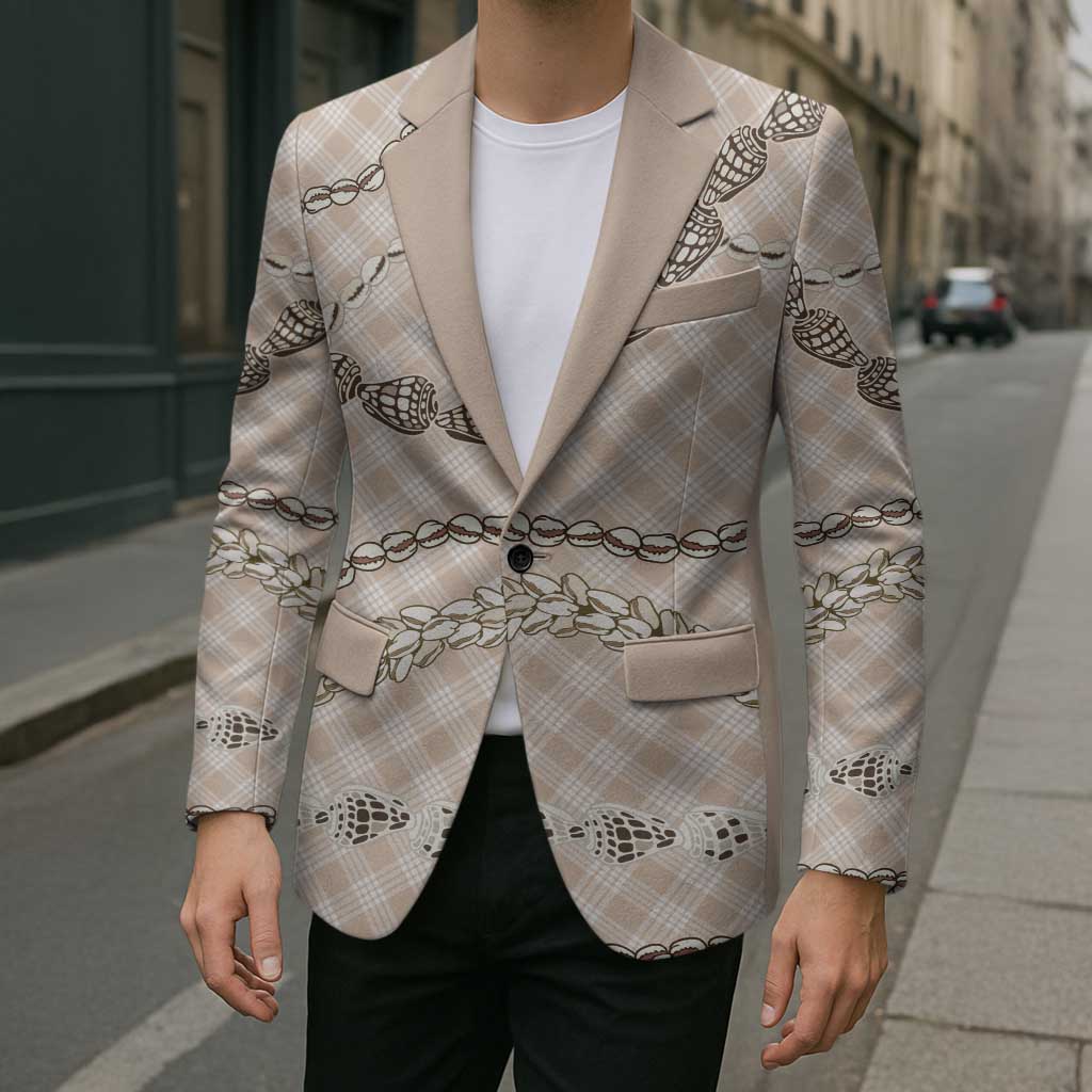 Beige Aloha Hawaii Shell Lei Blazer Palaka Hebrew Cone Honey Cowrie Elegant Curves - Polynesian Pride