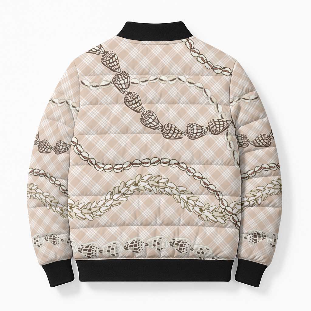 Beige Aloha Hawaii Shell Lei Bomber Puffer Jacket Palaka Hebrew Cone Honey Cowrie Elegant Curves - Polynesian Pride