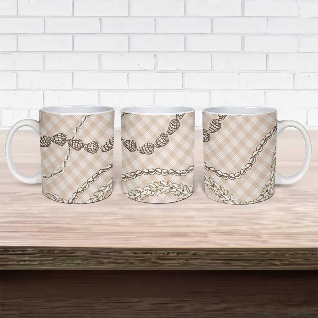 Beige Aloha Hawaii Shell Lei Ceramic Mug Palaka Hebrew Cone Honey Cowrie Elegant Curves - Polynesian Pride