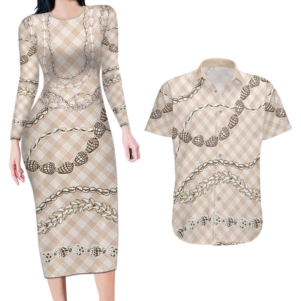 Beige Aloha Hawaii Shell Lei Couples Matching Long Sleeve Bodycon Dress and Hawaiian Shirt Palaka Hebrew Cone Honey Cowrie Elegant Curves LT14 Beige - Polynesian Pride