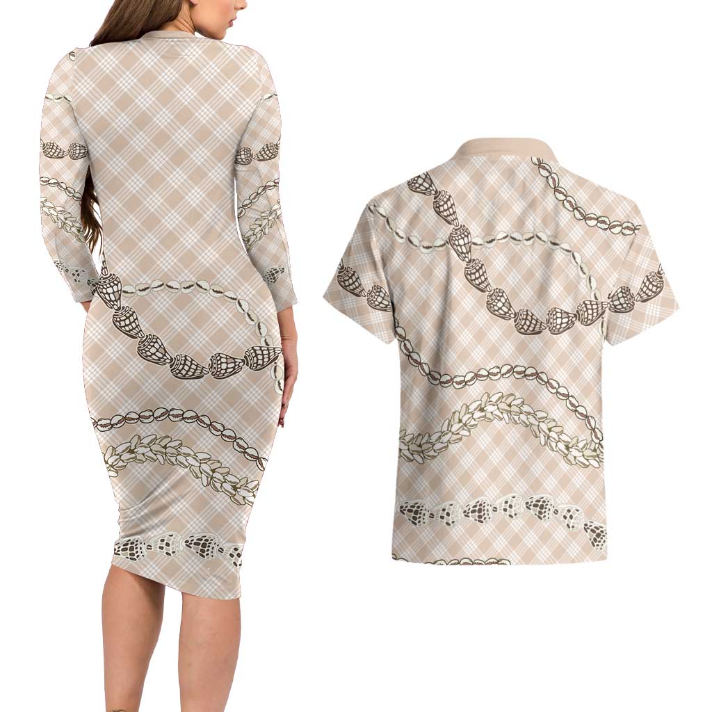 Beige Aloha Hawaii Shell Lei Couples Matching Long Sleeve Bodycon Dress and Hawaiian Shirt Palaka Hebrew Cone Honey Cowrie Elegant Curves LT14 - Polynesian Pride