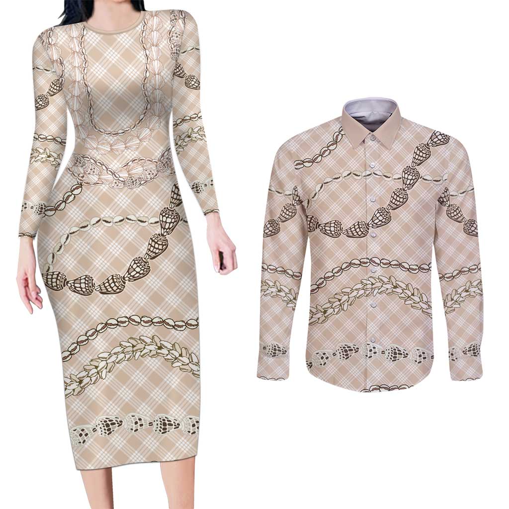 Beige Aloha Hawaii Shell Lei Couples Matching Long Sleeve Bodycon Dress and Long Sleeve Button Shirt Palaka Hebrew Cone Honey Cowrie Elegant Curves - Polynesian Pride