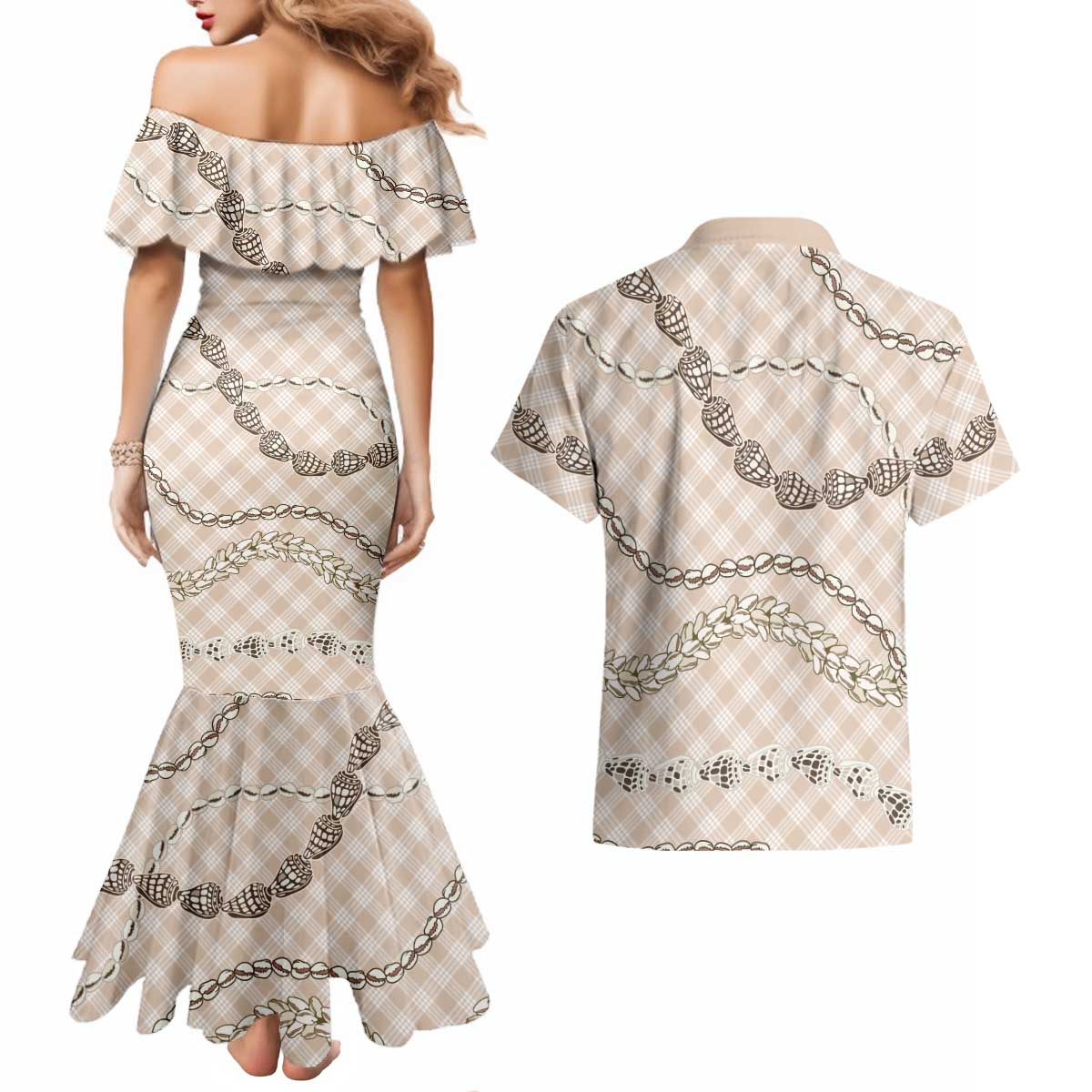 Beige Aloha Hawaii Shell Lei Couples Matching Mermaid Dress and Hawaiian Shirt Palaka Hebrew Cone Honey Cowrie Elegant Curves - Polynesian Pride