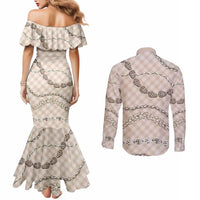 Beige Aloha Hawaii Shell Lei Couples Matching Mermaid Dress and Long Sleeve Button Shirt Palaka Hebrew Cone Honey Cowrie Elegant Curves - Polynesian Pride